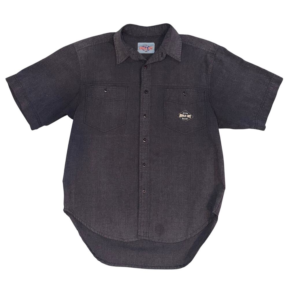 Vintage Bugle Boy Classic Grey Short Sleeve Button Up Shirt Men's Size M 90s Y2K